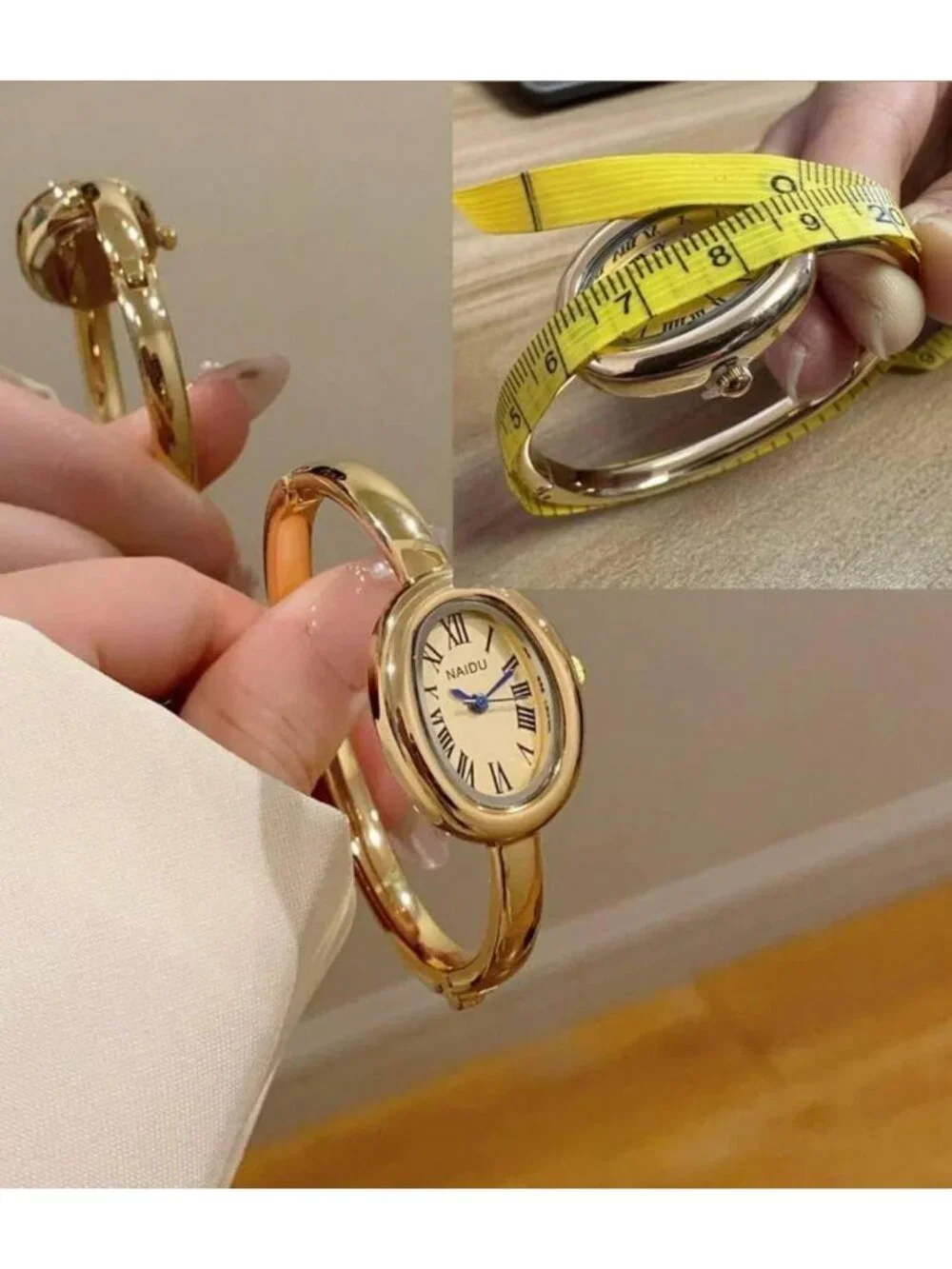 Women's Gold Bangle Bracelet Oval Dial Roman Numeral Elegant Style Wrist Watch